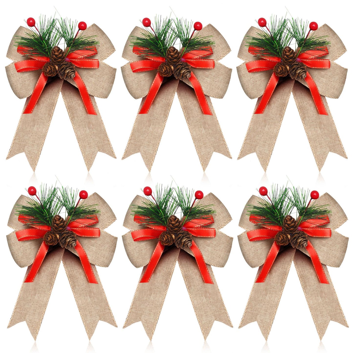 Syhood 6 Pcs Christmas Bows with Pine Cones Pine Needles Xmas Flaxen Bows Ribbon Christmas Tree Wreath Decoration for Xmas Parties Indoor Outdoor Crafts DIY Decor