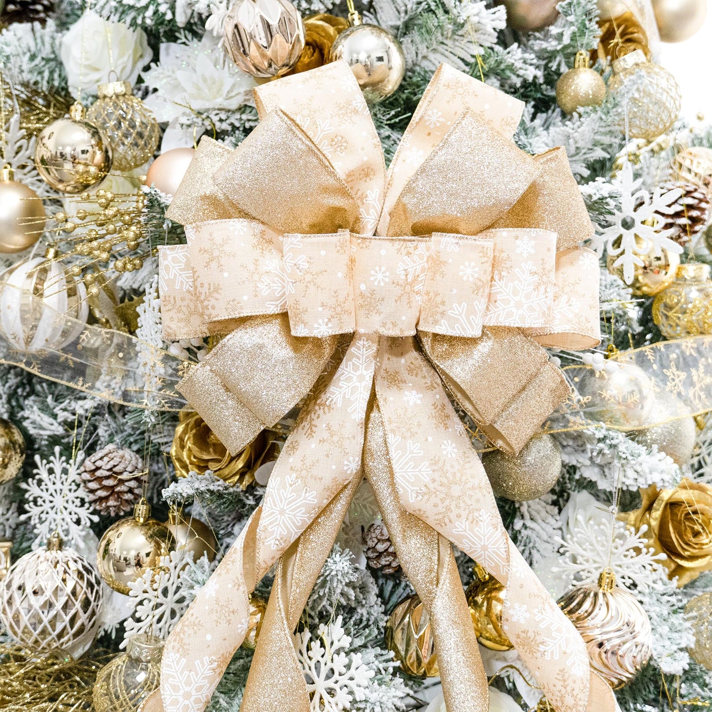 Hismir Christmas Tree Topper Bow，53x14 Inches Large Christmas Bow with Glitter Streamer and Patterned Ribbon，Decorative Bows for Xmas Tree Wreath Door Festival Home Decor(Champagne Gold Snowflake)