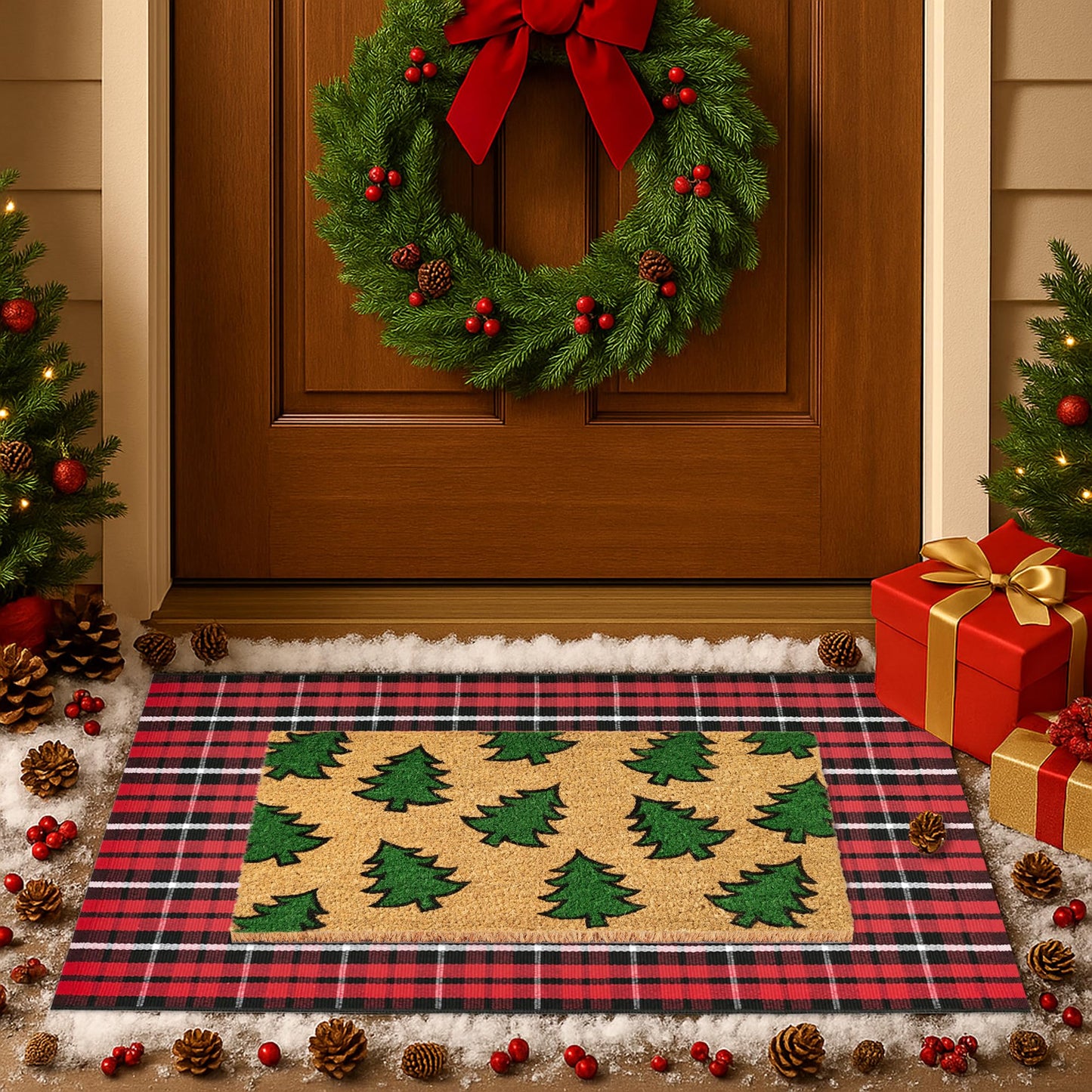 Christmas Door Mat Set 2-Piece, 17"x30" Coir Welcome Mat with Green Tree Pattern and 28"x43" Red Black White Check Rug, Layered Front Porch Combo for Holiday Entryway Outdoor Decor