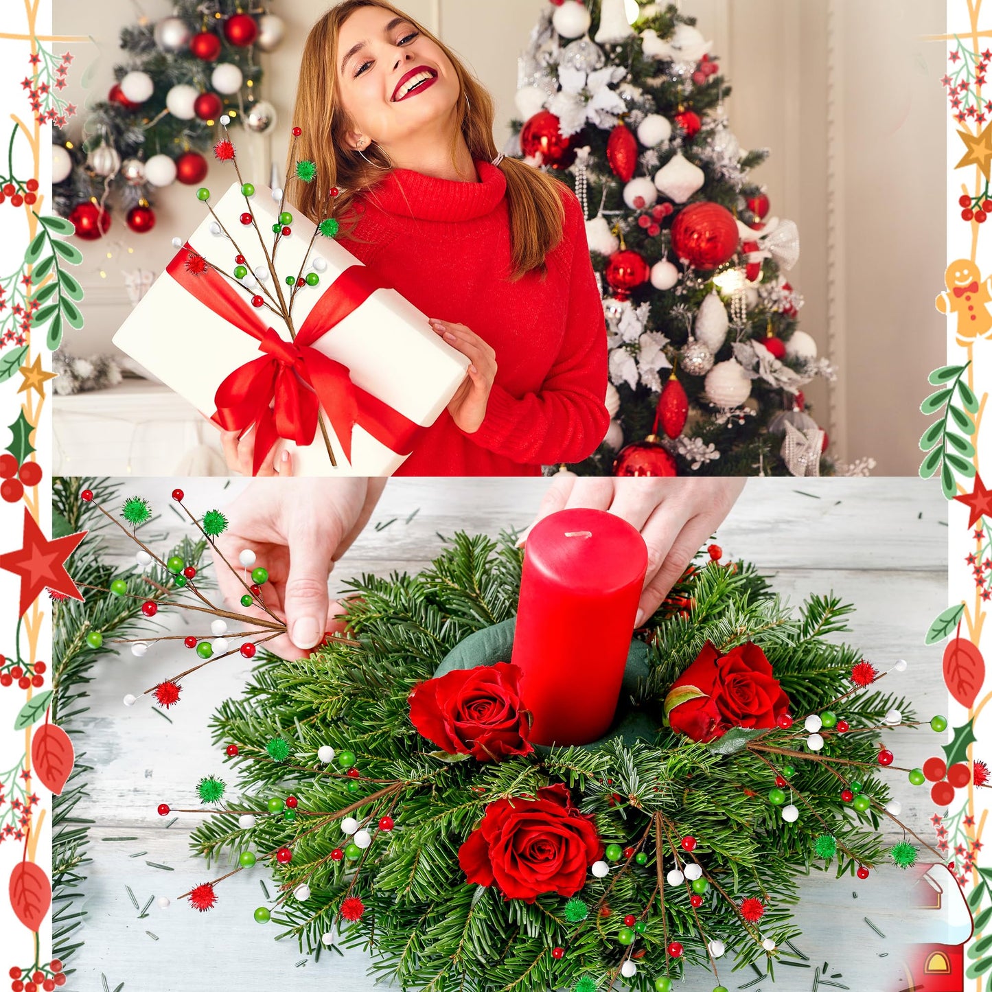 Sggvecsy 6Pcs Artificial Berry Stems 16inch Christmas Tree Picks Red Green White Berry Picks Fake Christmas Berry Branches for Floral Arrangements Christmas Tree Holiday Home Xmas DIY Crafts Decor