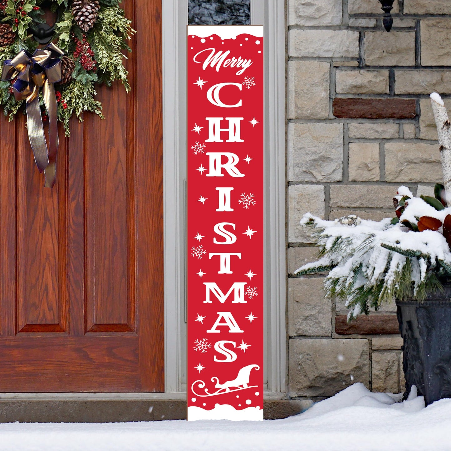Merry Christmas Wooden Porch Sign 47" Christmas Welcome Signs Front Door Xmas Hanging Decoration Vertical Standing Signs for Home Garden Yard Farmhouse Party Decor