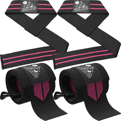 Wrist Wraps + Lifting Straps Bundle (2 Pairs) for Weightlifting, Cross Training, Workout, Gym, Powerlifting, Bodybuilding -Support for Women & Men, No Injury during Weight Lifting-Pink