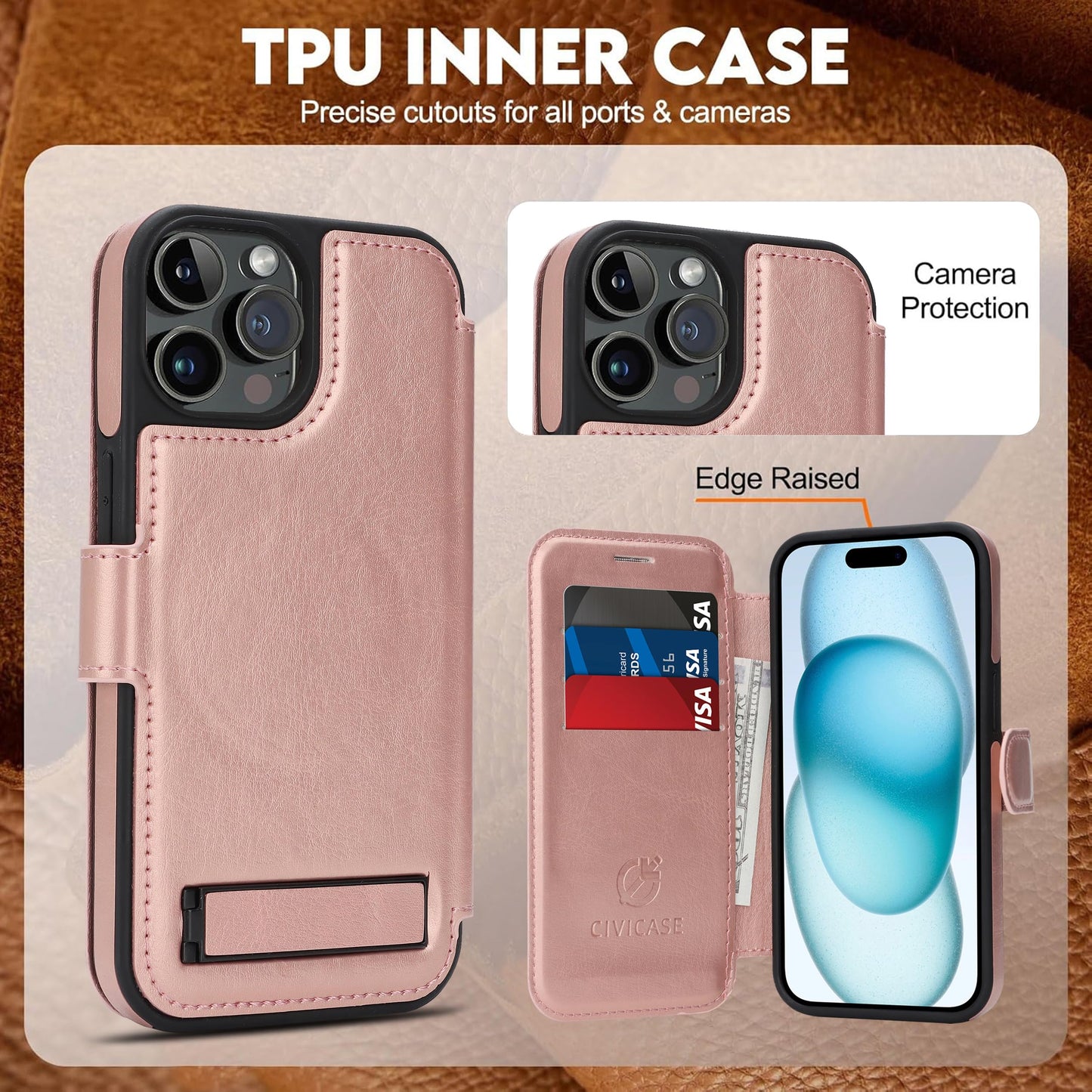 CIVICASE for iPhone 15 Pro Max Wallet Case with Stand,PU Leather Flip Credit Card Holder Slots (RFID Blocking),Compatible with Magsafe Magnetic Holder Phone Cover Women Men,Rose Gold