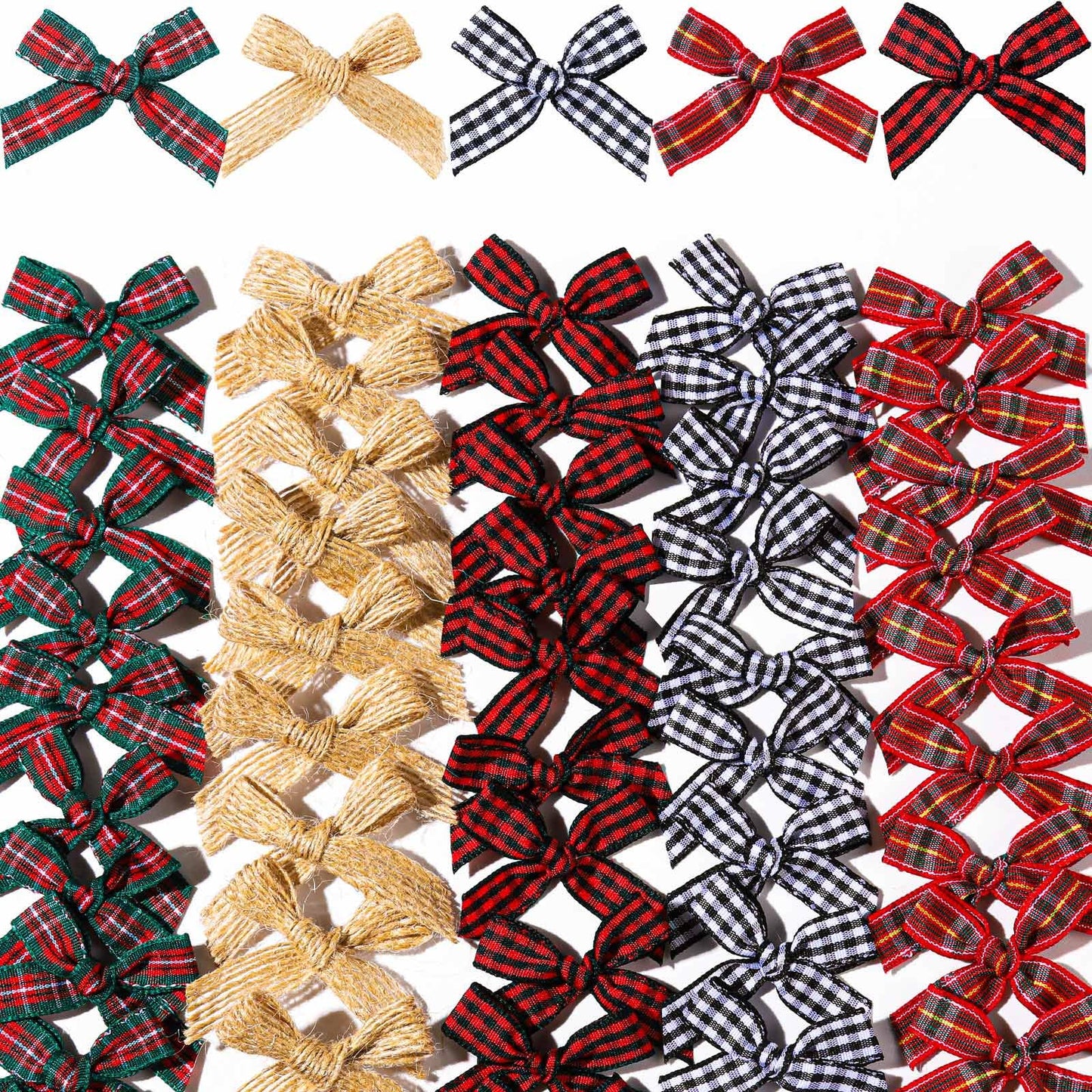 YGDZ Mini Christmas Bows, 50PCS Burlap Bow Buffalo Plaid Bows for Craft, Small Bows for Christmas Tree Decor, Tiny Ribbon Bows for Gift Wrapping