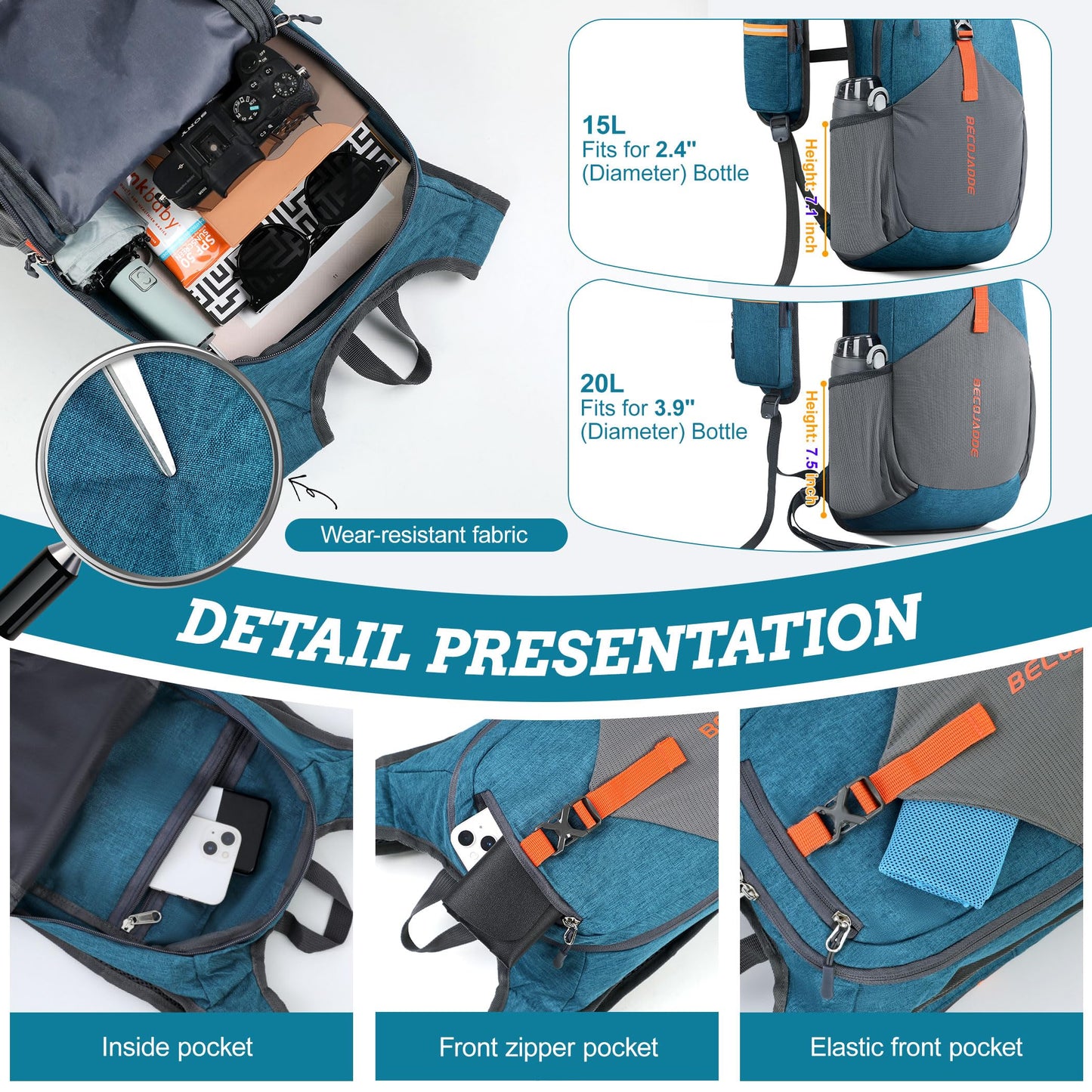 BECOJADDE 15L Small Hiking Backpack for Men Women Foldable Packable Back Pack Ultralight Hiking Daypack for Travel Camping Outdoor, Turquoise