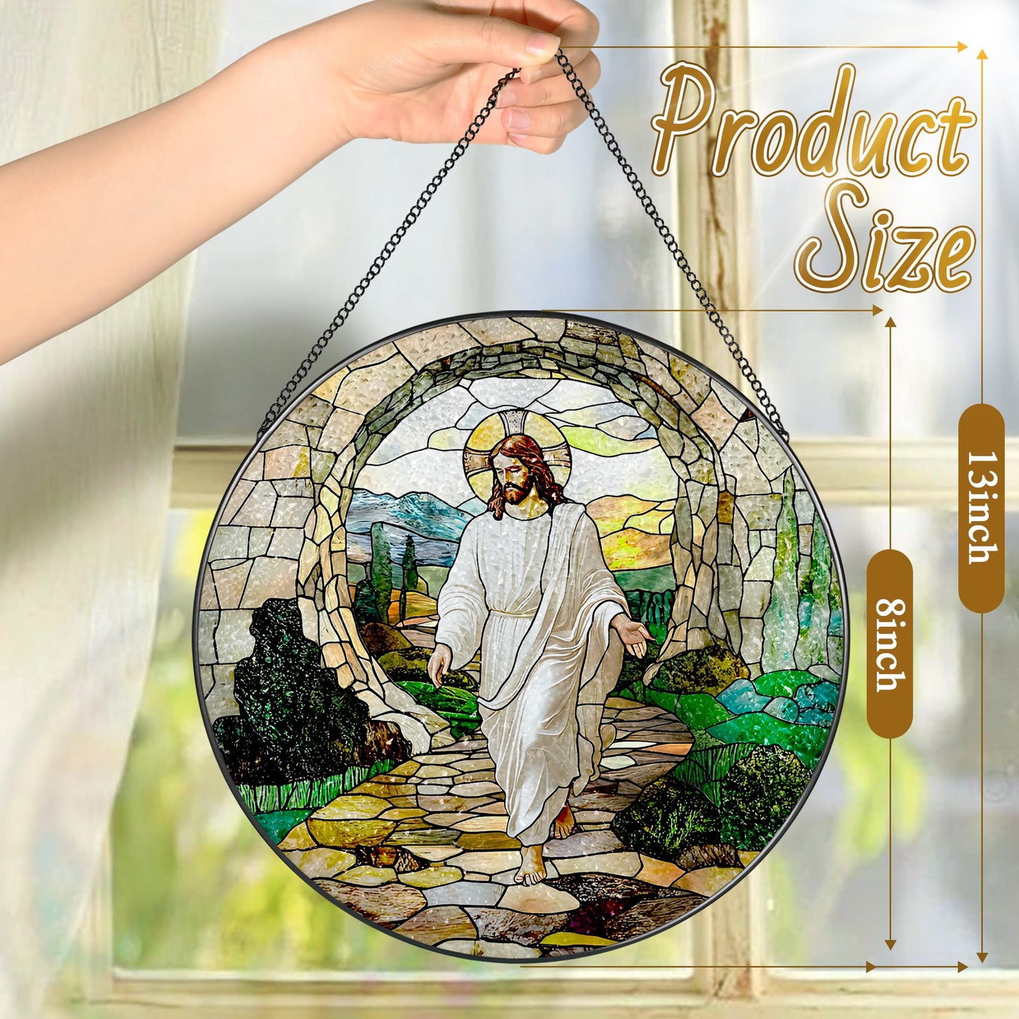 8 Inch He is Risen Resurrection of Jesus Stained Glass Suncatcher, Stained Glass Window Hanging, Sun Catchers Indoor Window Decor and Christmas, Christian Gift, Religious Gifts, Christian Home Decor