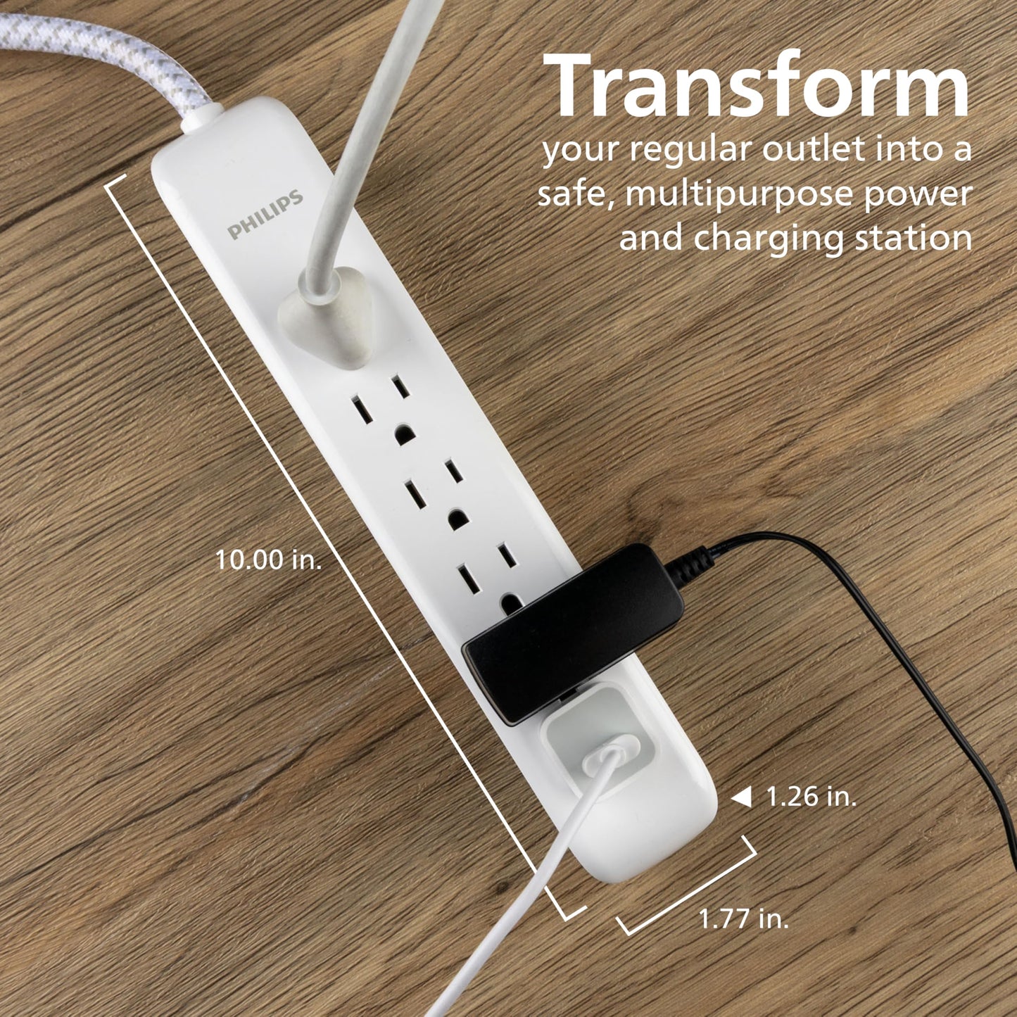 Philips 6 Outlet Power Strip Surge Protector, 6 Ft Power Cord, Designer Braided Extension Cord, Flat Plug, Perfect for Office or Home Décor, 1080 Joules, White, SPC3054WA/37