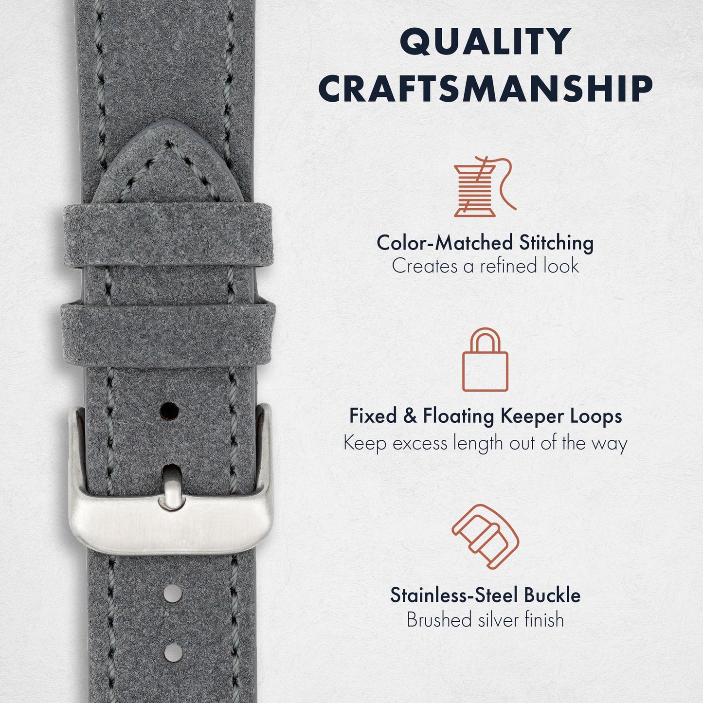Benchmark Suede 22mm Leather Watch Band – 22mm Quick Release Watch Band with Stainless-Steel Buckle & 9 Adjustable Holes – Grey Leather Watch Bands for Men & Women (22mm, Grey)