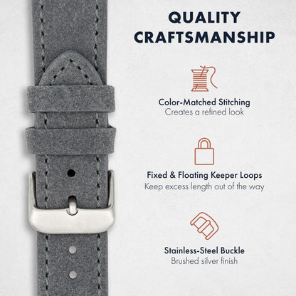 Benchmark Suede 22mm Leather Watch Band – 22mm Quick Release Watch Band with Stainless-Steel Buckle & 9 Adjustable Holes – Grey Leather Watch Bands for Men & Women (22mm, Grey)