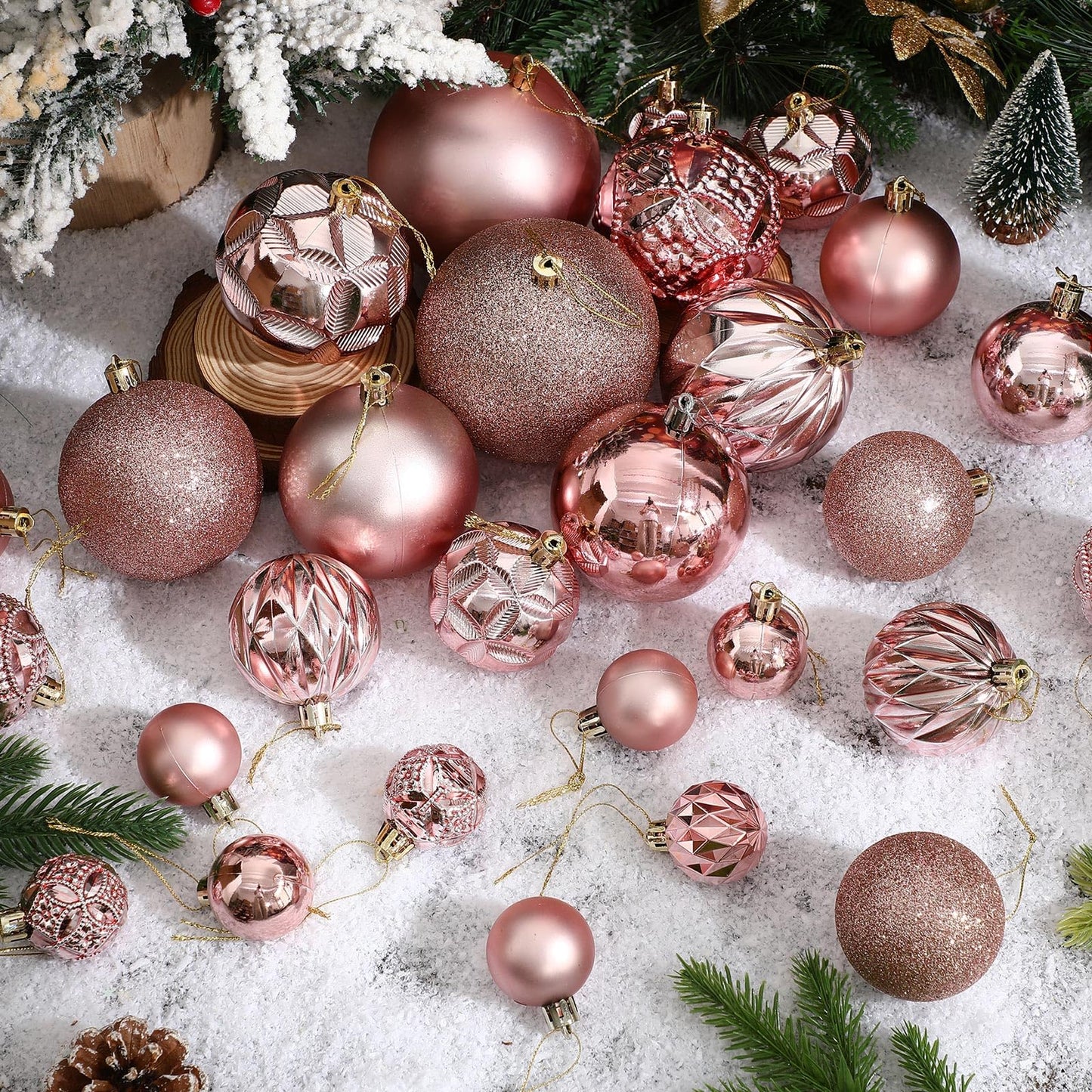 Soulchen 46 Pcs Rose Gold Christmas Balls Ornaments Set, 3.94/3.15/2.36/1.57 Inch Shatterproof Christmas Tree Hanging Plastic Balls Xmas Ornaments Decor for Xmas Tree Wreath Party Decoration Supplie