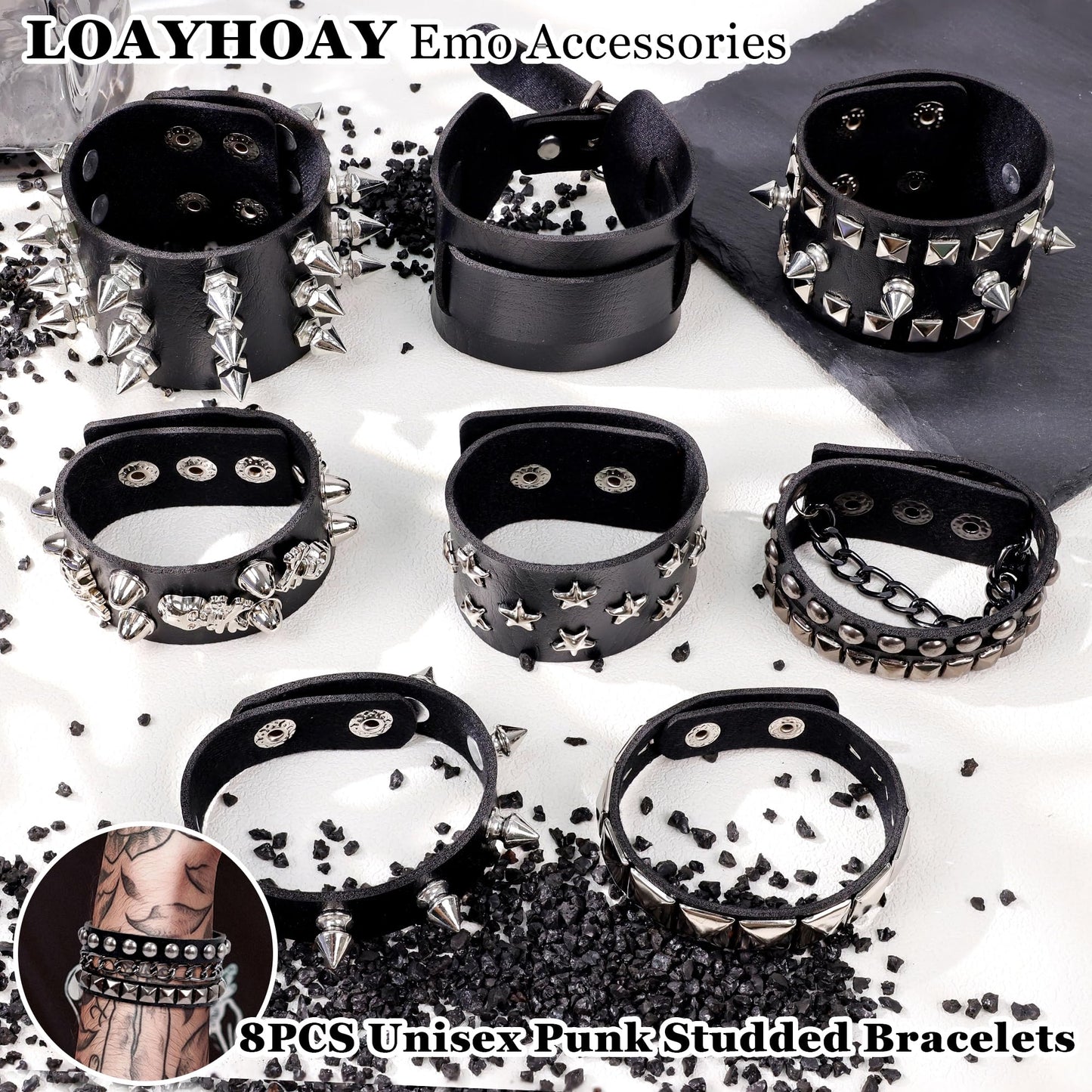 LOAYHOAY 8PCS Spiked Studded Bracelets Cuff for Men Women Black Punk Goth Leather Bracelet Emo Rivet Bracelet Adjustable Rock Pop 80s 90s Retro Button Metal Wrap Wristbands Halloween Accessories C