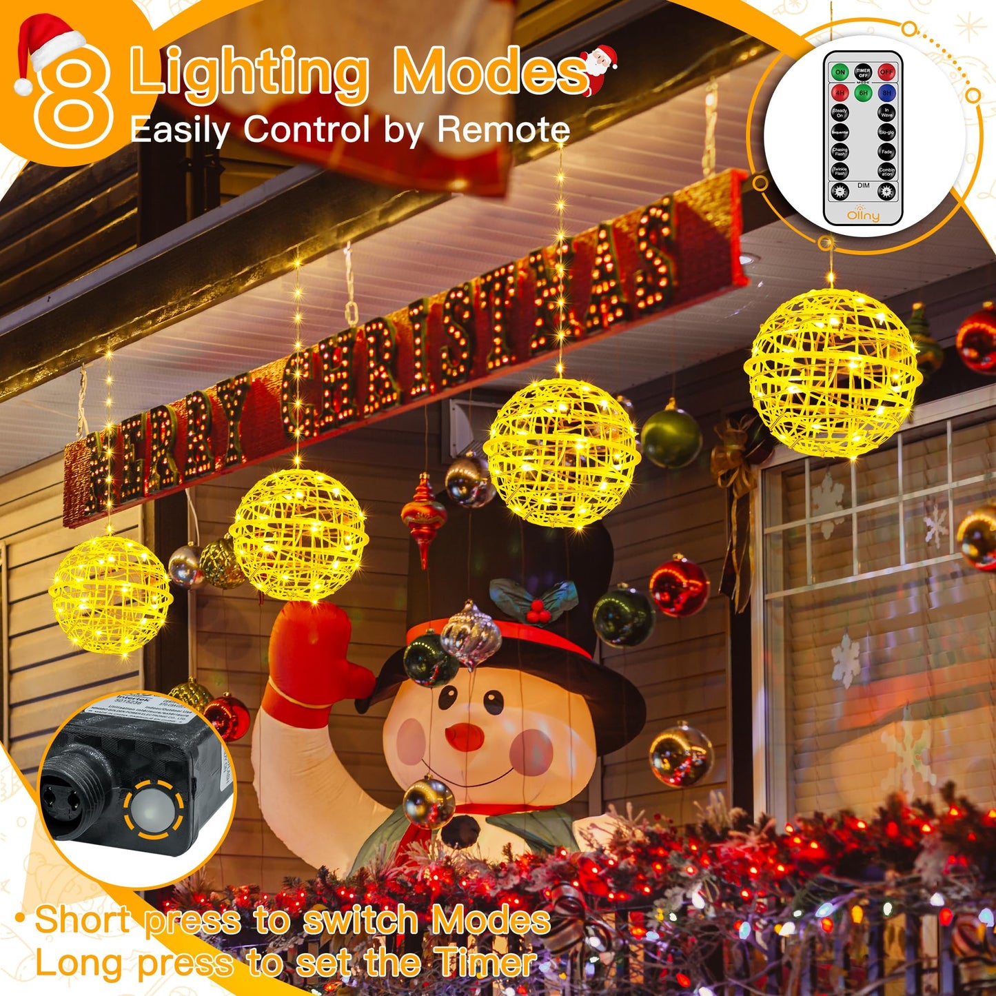 Ollny Christmas Lights Outdoor 4Pack 7.87inch, Warm White 200 LED Ball Light with Plug in Remote, 8 Modes IP67 Waterproof Connectable Sphere Tree Lights for Indoor House Yard Garage Decorations