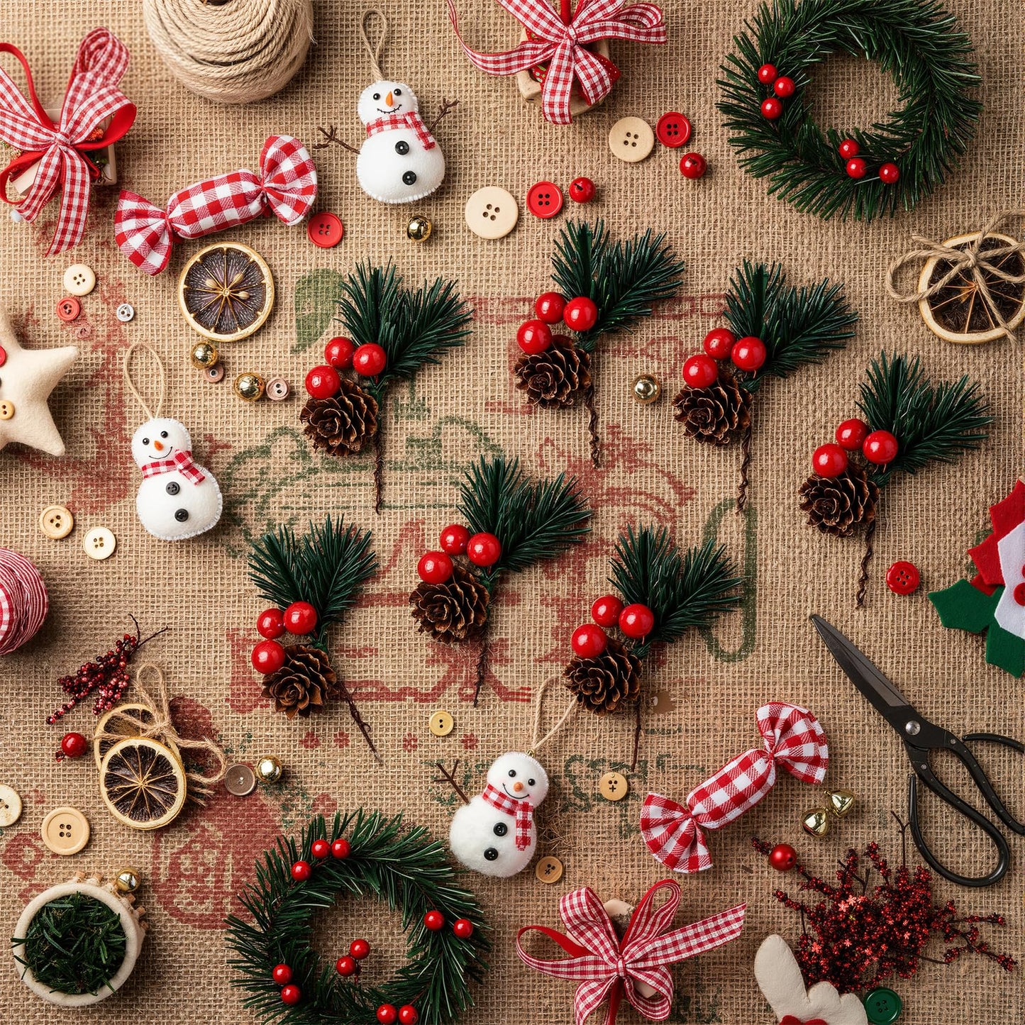 Prdingfy 10 PCS Christmas Snow Covered Pine Needles Branches with Red Berries, Christmas Floral Pick Mini Pinecone Picks for Holiday Wreath,Tree Ornaments