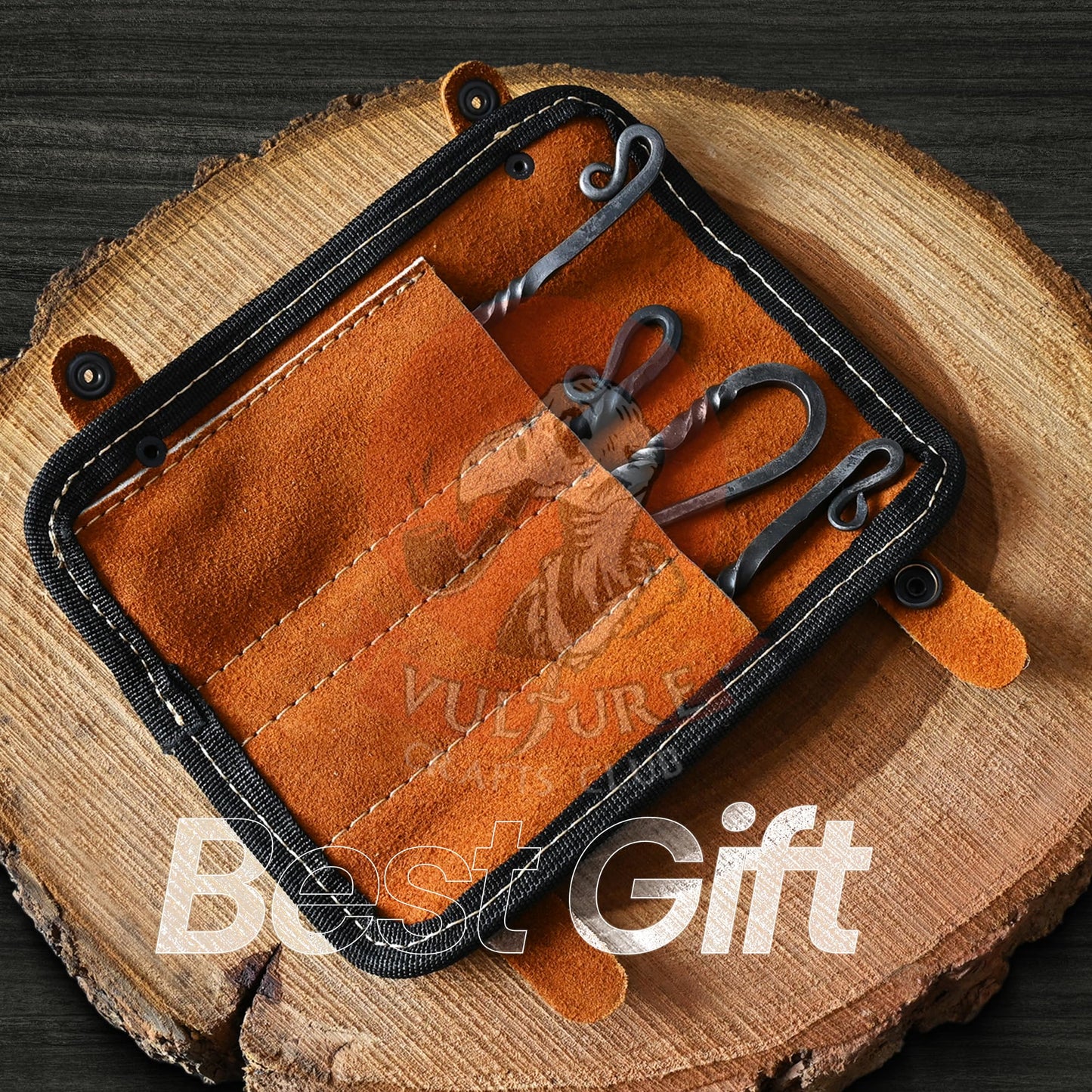 Medieval Silverware Set with Leather Cover - Hand Forged Medieval Cutlery Set - Viking Camping Utensils, Medieval Decor,Gifts - 4 Pcs Viking Utensils Set Fork Spoon and Knife Set (Half Black) (Silver Black)