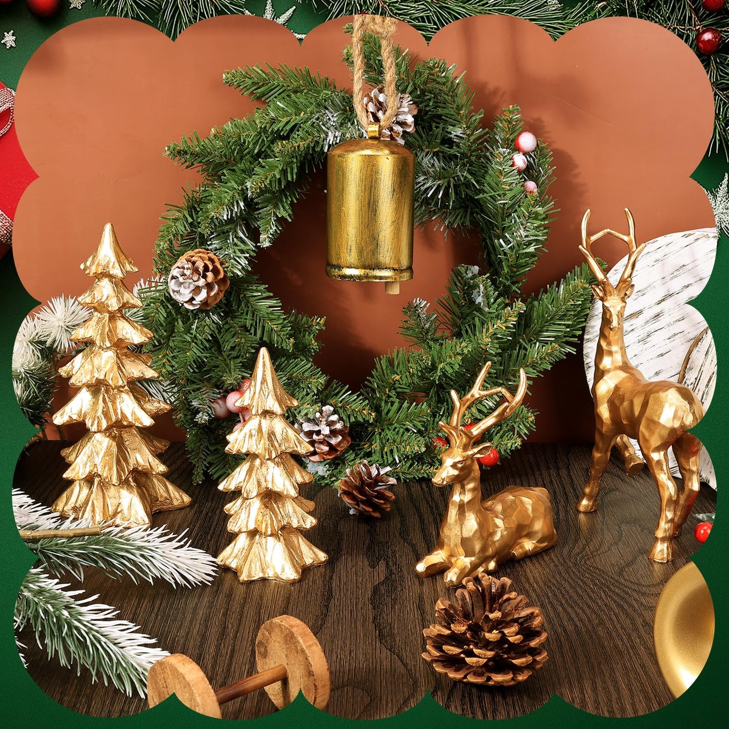 2 Pcs Christmas Tree Figurines and 2 Pcs Christmas Reindeer Figurines, Gold Tabletop Christmas Decorations Resin Christmas Tree and Elk Statues for Table Centerpieces Desk Shelf Fireplace Decor