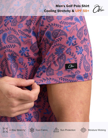 Obla Mens Golf Polo Shirts Short Sleeve Dry Fit Performance Moisture Wicking Casual Print Collared Golf Shirts for Men(Blue Paisley_L)