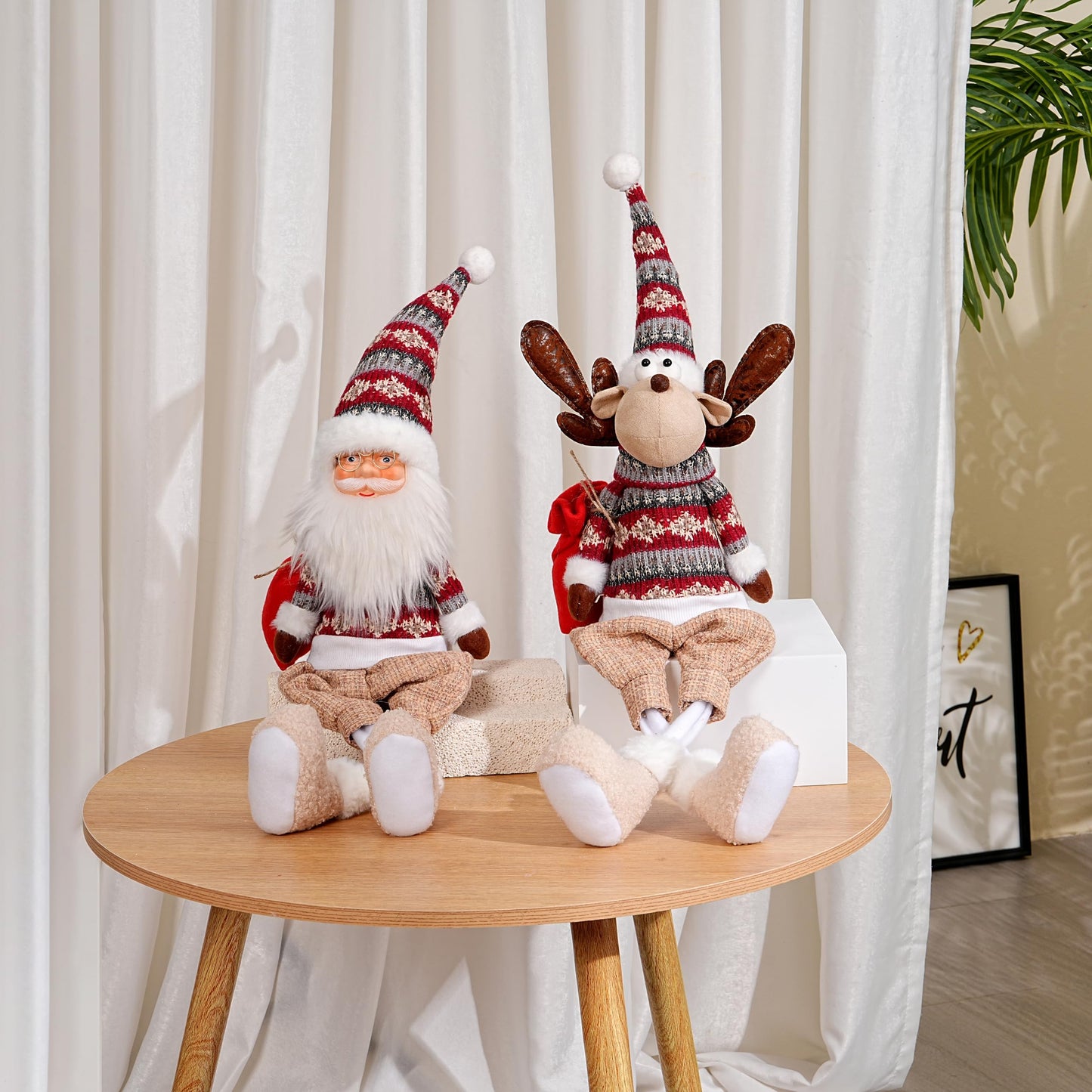 Dedrian11 23.6’’ Christmas Sitting Santa Shelf Sitter Decor, Long Dangling Legs, Poseable Wired Hat & Arms, Nordic Knit Sweater, Mantel Shelf Tabletop Ornament, Weighted Bottom