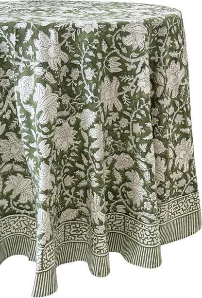 ATOSII Noori Green 100% Cotton Round Tablecloth, Handblock Print Floral Table Cloth for Kitchen Dining Linen I Parties, Weddings, Outdoors I Summer Home Decor 72" Inches Round