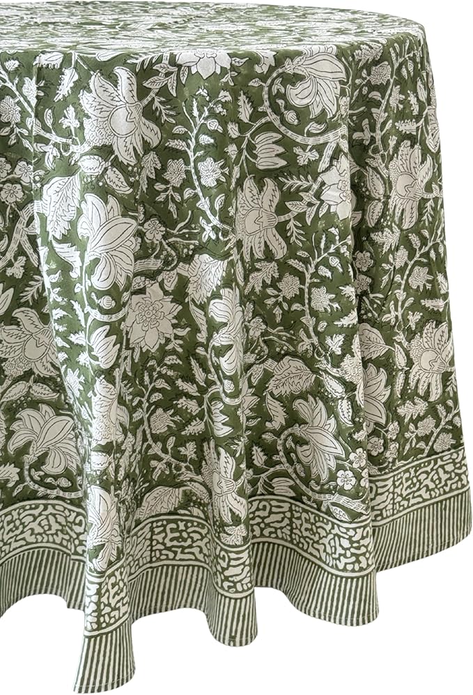 ATOSII Noori Green 100% Cotton Round Tablecloth, Handblock Print Floral Table Cloth for Kitchen Dining Linen I Parties, Weddings, Outdoors I Summer Home Decor 60" Inches Round