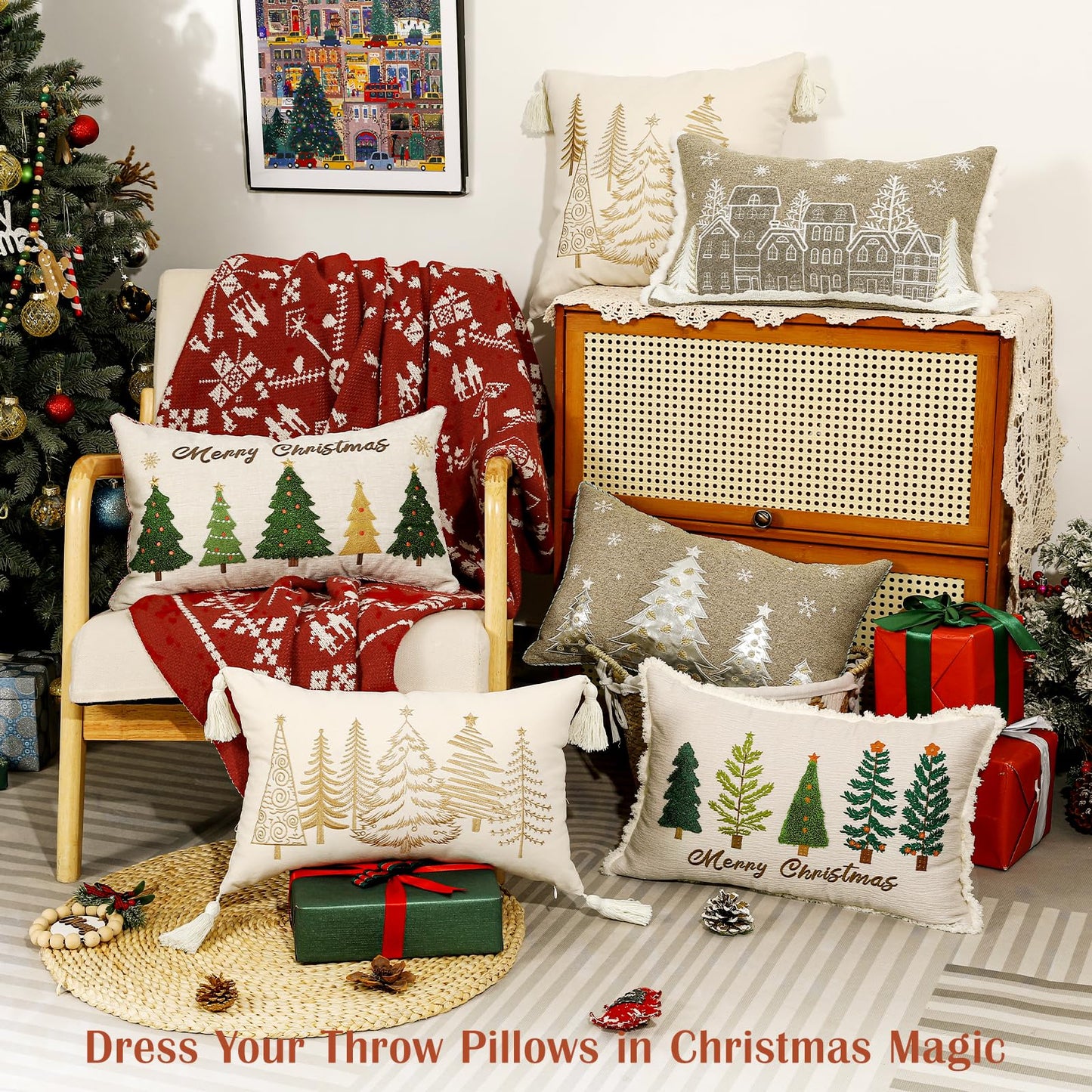 Lewondr 12x20 Inch Christmas Throw Pillow Cover, Christmas Decorative Pillow Case with Embroidered Xmas Tree, Throw Pillowcase Cushion Cover Xmas Decor for Bed Home Decor Living Room (1PCS)