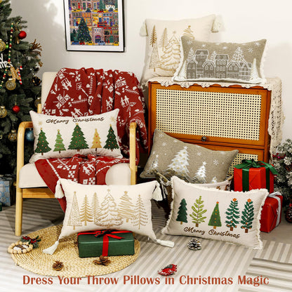 Lewondr 12x20 Inch Christmas Throw Pillow Cover, Christmas Decorative Pillow Case with Embroidered Xmas Tree, Throw Pillowcase Cushion Cover Xmas Decor for Bed Home Decor Living Room (1PCS)