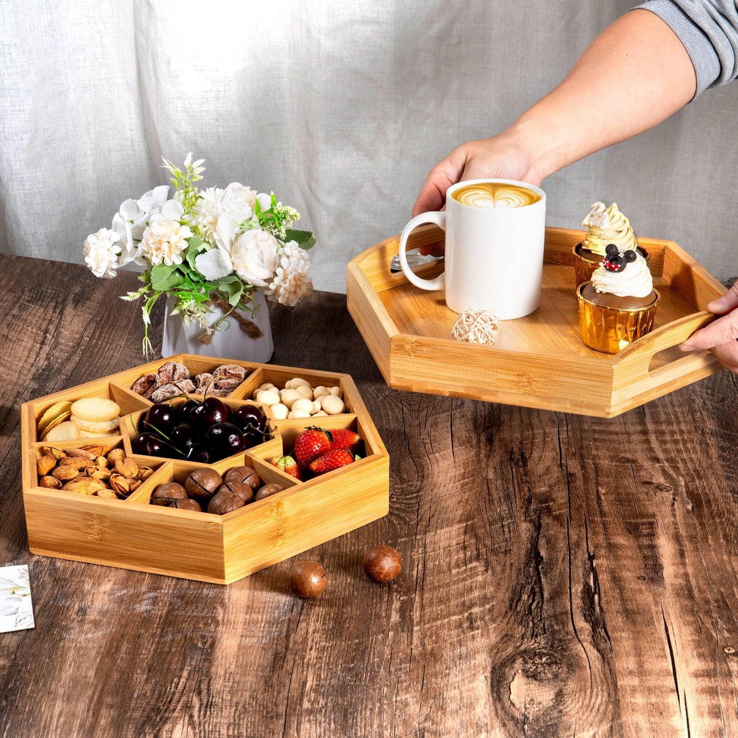 Snack and Serving Tray Set – 13" Divided Bamboo Appetizer Platter for Dry Fruit, Nuts, Cheese and Charcuterie (Bamboo, 13"x11")