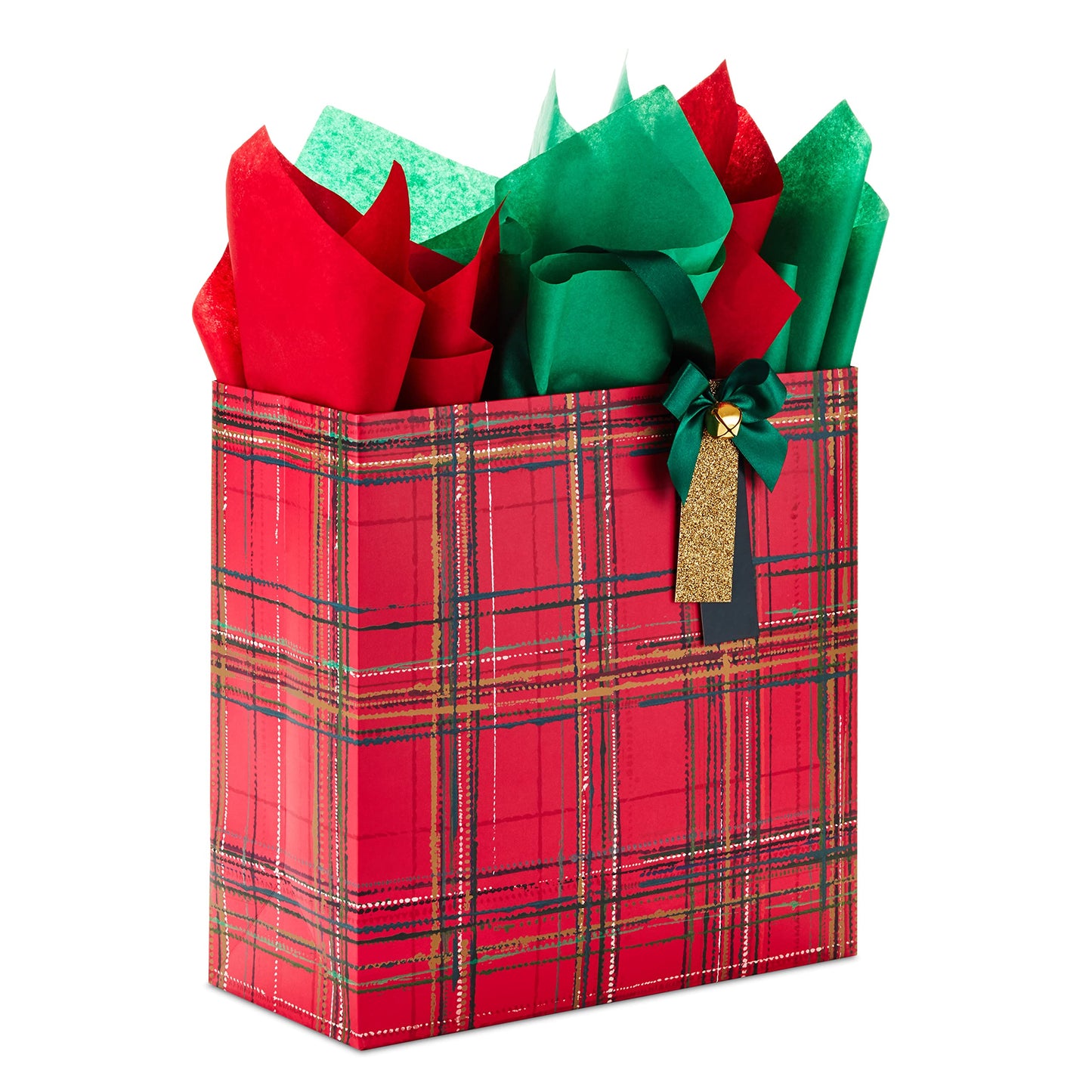 Hallmark Signature 12" Extra Large Square Christmas Gift Bag with Tissue Paper (Red Plaid with Bow and Jingle Bell)
