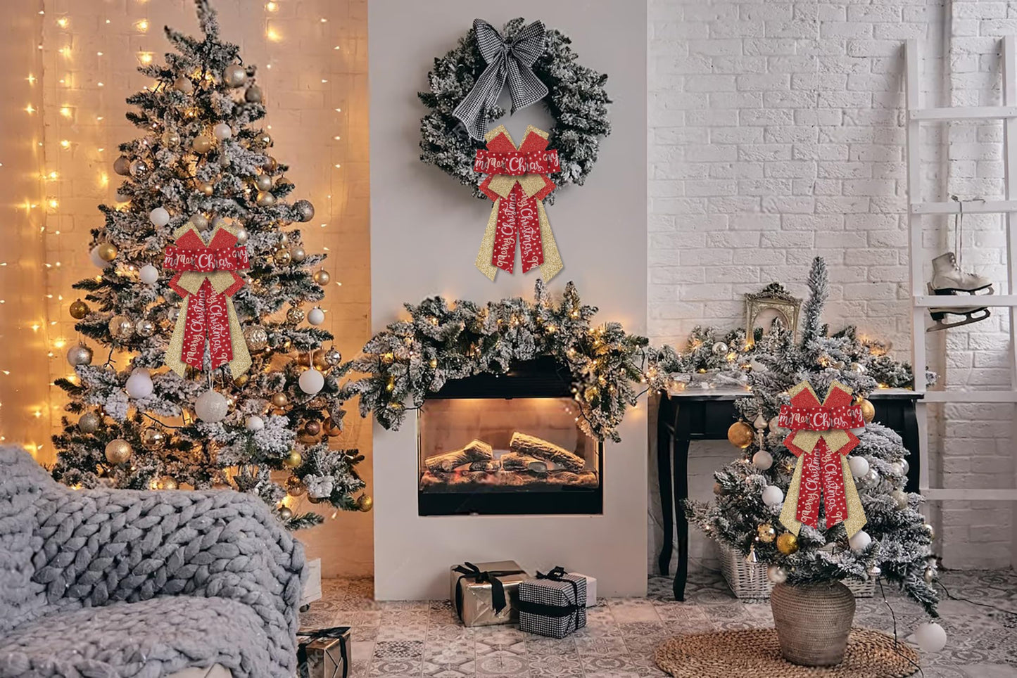 Hying Large Christmas Bows for Wreath, Christmas Wreath Bow Glitter Golden Red Burlap Bows Xmas Tree Topper Bows Ornaments for Front Door New Year Christmas Party Decoration Supplies