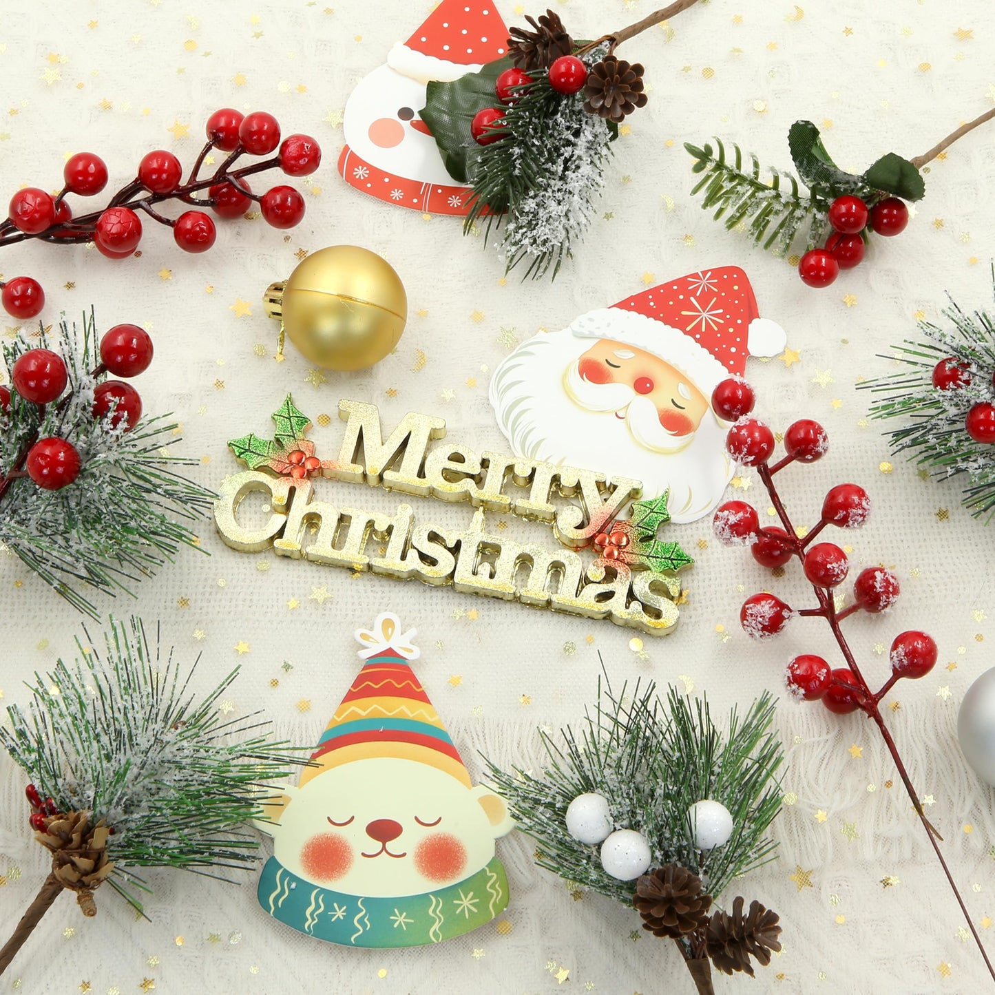 8 Pcs Christmas Floral Picks Artificial Red Berry Stems Pine Needles Branches Pine Cones Acorn Holly Stem Winter Floral Picks Snow Covered for Christmas Tree DIY Crafts Garland Wreath Gift Decoration