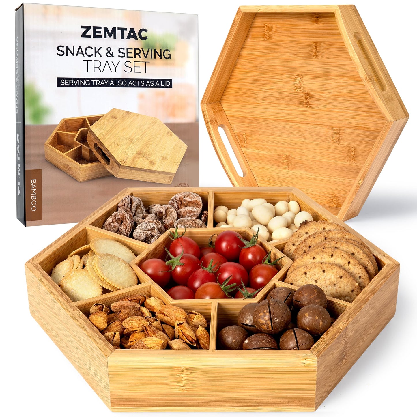 Snack and Serving Tray Set – 13" Divided Bamboo Appetizer Platter for Dry Fruit, Nuts, Cheese and Charcuterie (Bamboo, 13"x11")