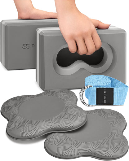 Deep-Zen® Yoga Blocks Wrist Support; Yoga Blocks 2 Pack with Knee Pads and Strap to Put Less Weight on Wrists; Durable, Versatile Yoga Brick Exercise Block Set, Blocks Yoga