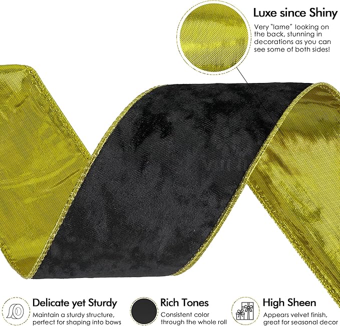 MEEDEE Black and Gold Velvet Ribbon 2.5 inch with 10 Yards Spool Two Tone Velvet Wired Ribbon for Gift Wrapping, Halloween Wreaths, Christmas Tree, Large Bow, Crafts Supply