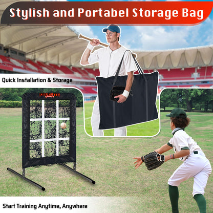 9 Hole Pitching Net with Strike Zone, Baseball Pitching Target, Softball Pitching Net, Portable Pitcher Training Equipment Height Adjustable（Black）