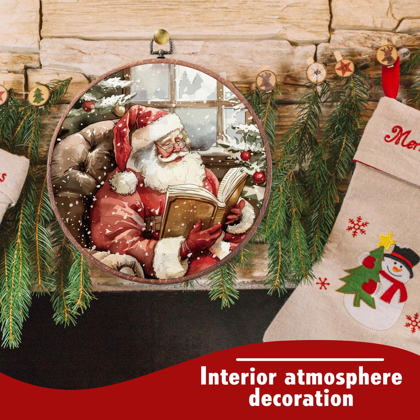 heiyihe Round Christmas Canvas Frame Wall Art Decor, 10x10 Inches Santa Reading Book Hanging Wall Artwork, Christmas Embroidery Kit Decor for Home Living Room, Xmas Gift Ideas for Family Friends-A05