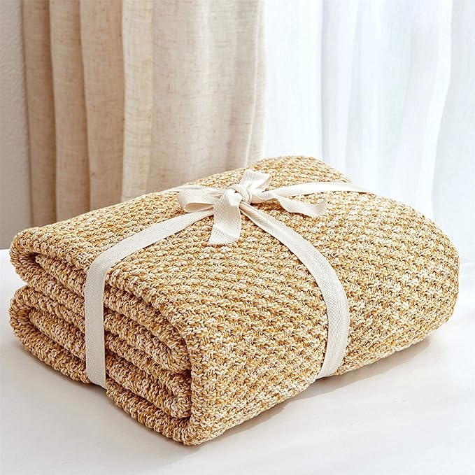 Longhui bedding Gold Knitted Throw Blanket for Couch, Soft, Cozy Machine Washable 100% Cotton Sofa Blanket, Heavy 2.5lb Weight, Laundry Bag Included, Mustard Yellow and White