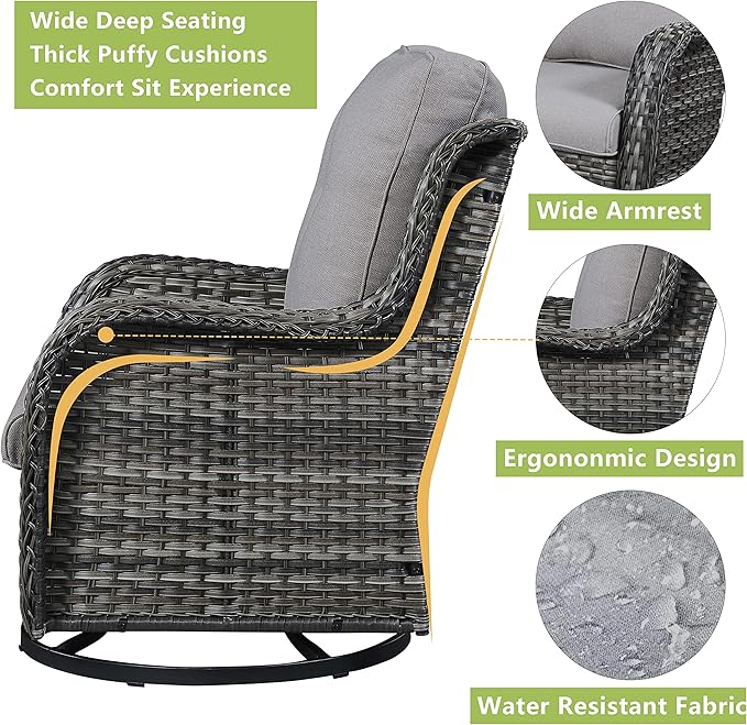 Patio Furniture Swivel Chairs Set - 6 Piece Wicker Rattan Outdoor Sectional Conversation Sets with 2 Swivel Rocking Chairs,2 Ottomans,1 Loveseat and 1 Coffee Table for Porch Deck(Mixed Grey/Grey)