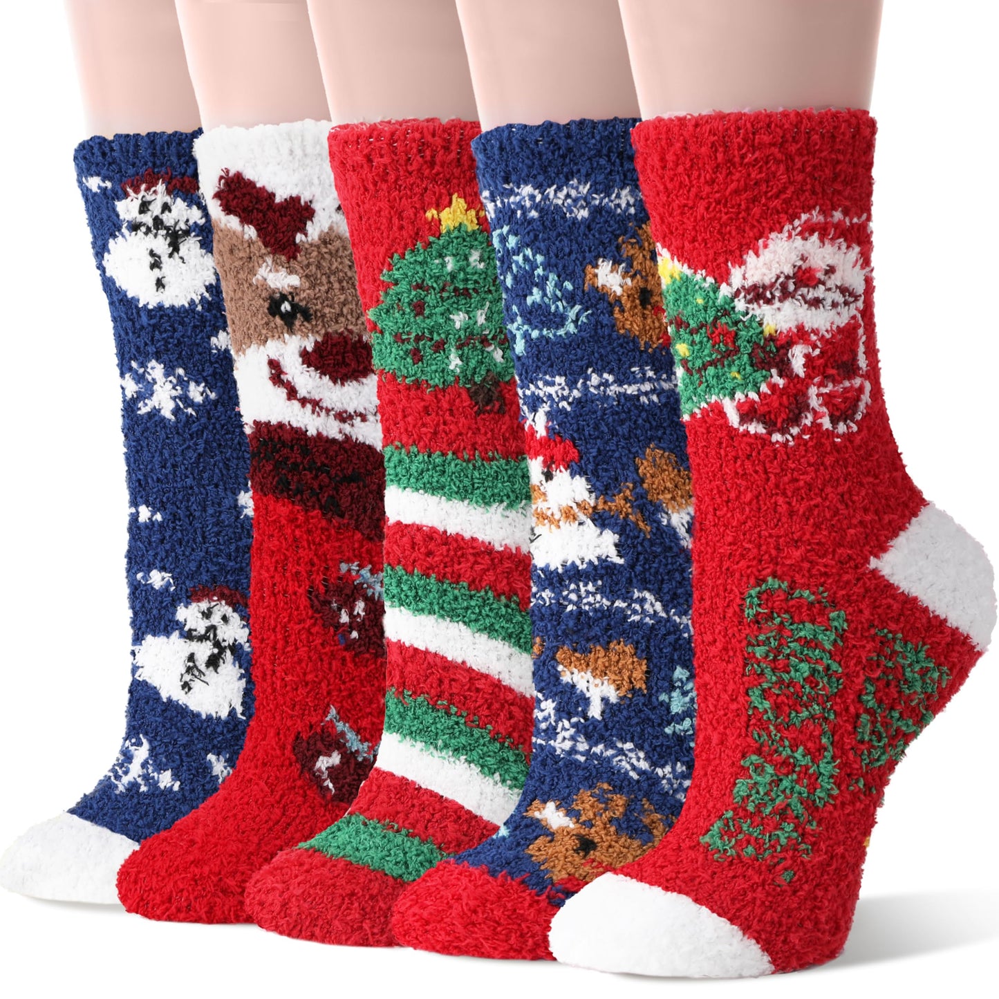 Sandsuced Fuzzy Christmas Socks for Women Fluffy Cozy Winter Warm Cute Fun Plush Comfy Fleece Sleep Christmas Gifts Cabin Socks Stocking Stuffers for Womens Mom 5 Pairs(Christmas Deer,M)