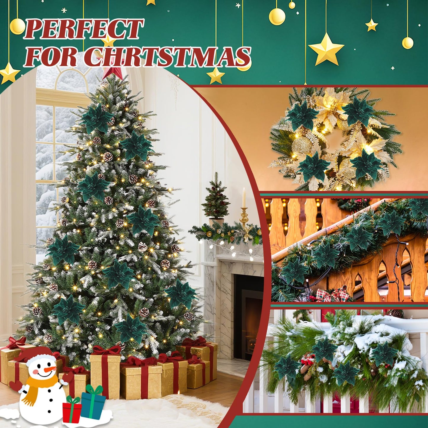 Garvee 24 Pcs Poinsettia Flowers Artificial, 6.3 in Large Velvet Christmas Flowers with Stems, Floral Picks for Christmas Tree Wreath Garland Ornaments Wedding Decor, Dark Green