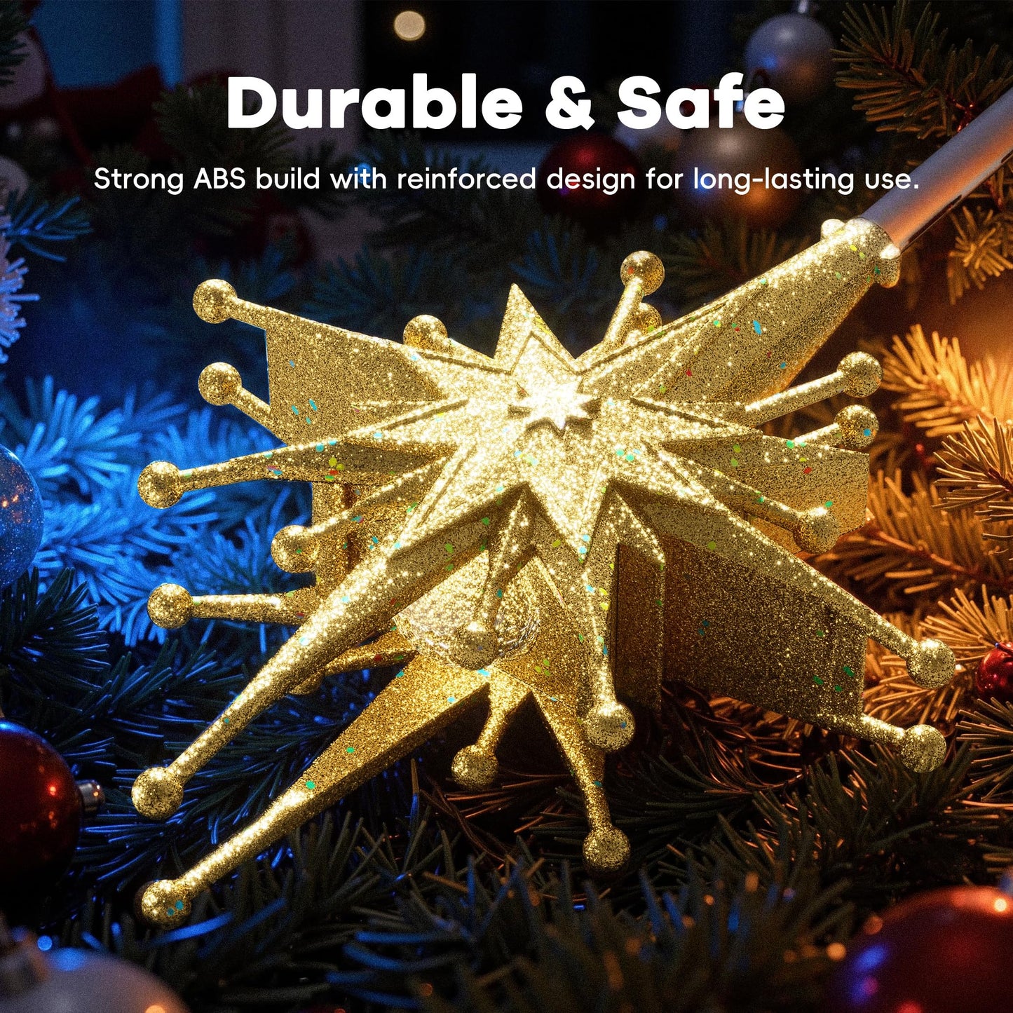 2025 Upgraded Christmas Tree Topper Projector Light with Rotating Bright LED & Wide Coverage, Universal Fit for Any Height Tree, Easy Install, Stable Base, Holiday & Party Decorations (Starlight Gold)