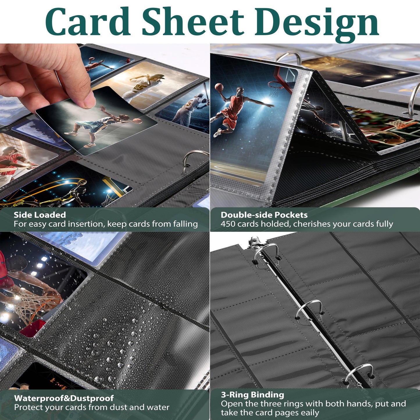 WOT I Deluxe Trading Card Binder, 450 Pockets Collectible Card Binder Sleeves, Refillable Leather 3 Ring Binder with Side-load Pocket Card Pgaes for Holding Cherished Cards - Green