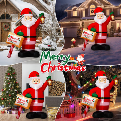 7FT Christmas Inflatables Santa Claus Outdoor Decorations, Blow up Santa Inflatables Holding Lantern & Merry Xmas Sign with Built-in LED Lights, Outdoor Holiday Yard Decor for Garden Lawn Porch