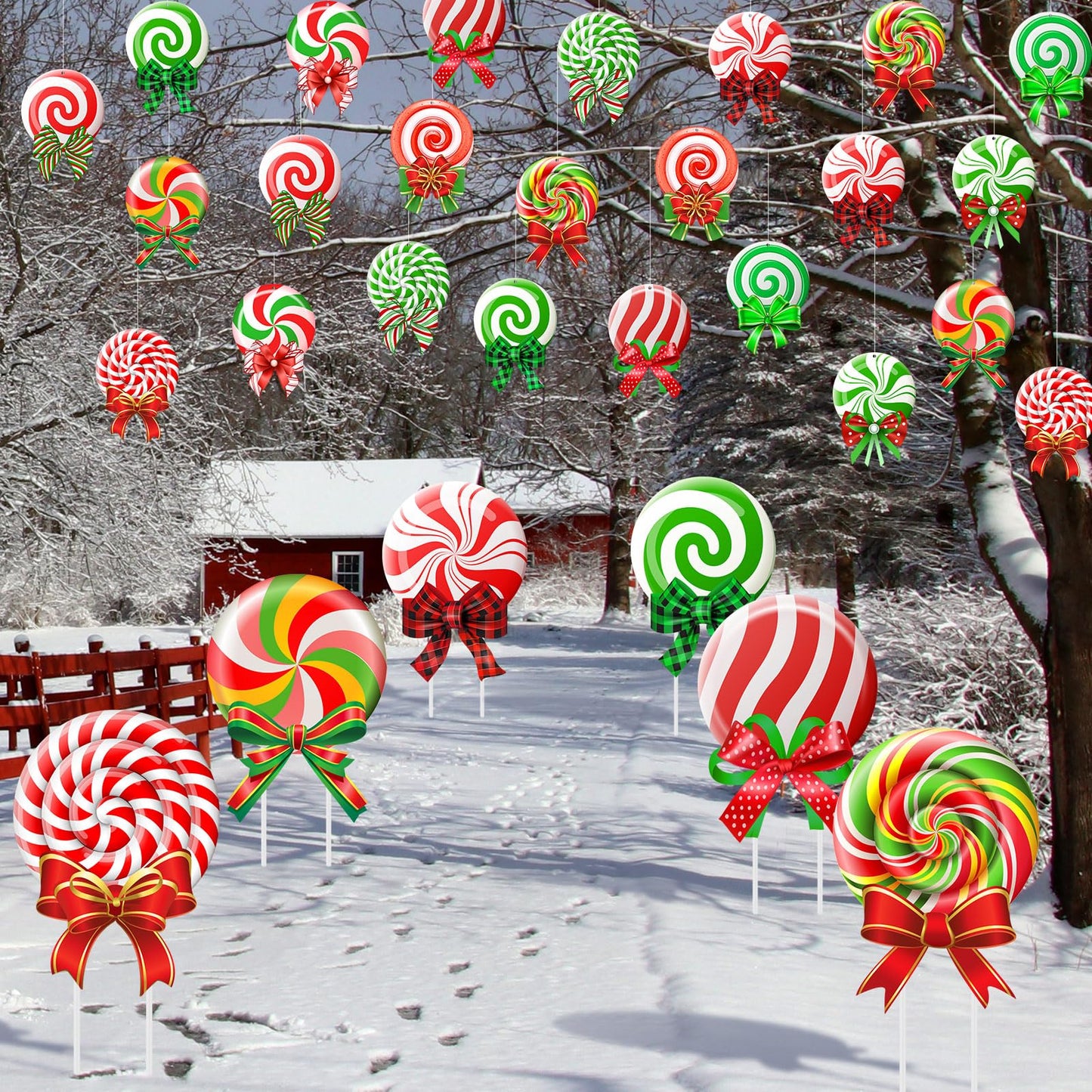 Huwena 30 Pcs Christmas Outdoor Hanging Decorations Snowflakes Candy Yard Signs Include 6 Plastic Yard Stakes 24 Double Sided Ornaments for Christmas Winter Holiday Garden Tree Decor(Candy Cane)