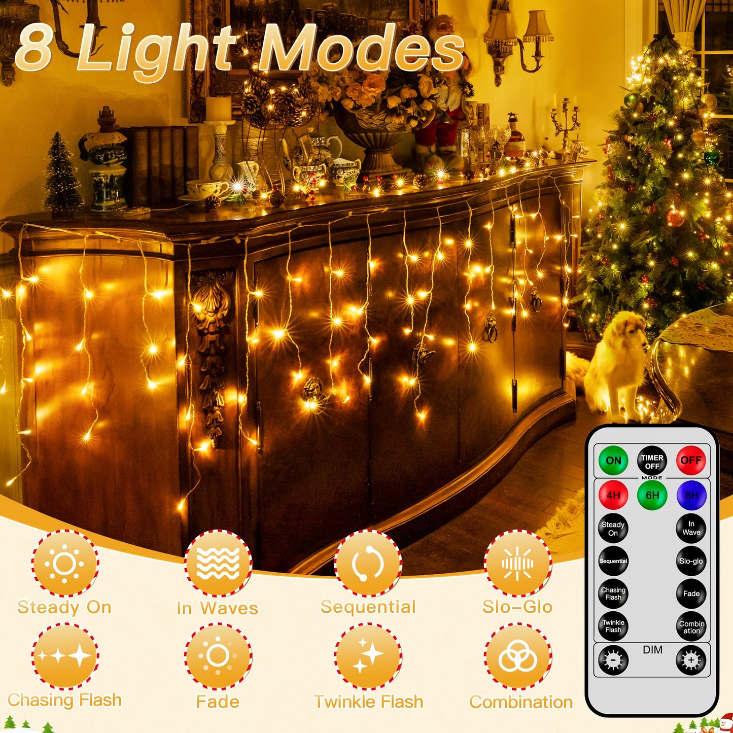 Icicle Lights for Outside, 216LED 24FT Waterproof Christmas Light Outdoor with 8 Modes & Timer, Connectable Christmas Icicle Lights for Eaves House Yard Indoor Outdoor Holiday Decoration(Warm White)