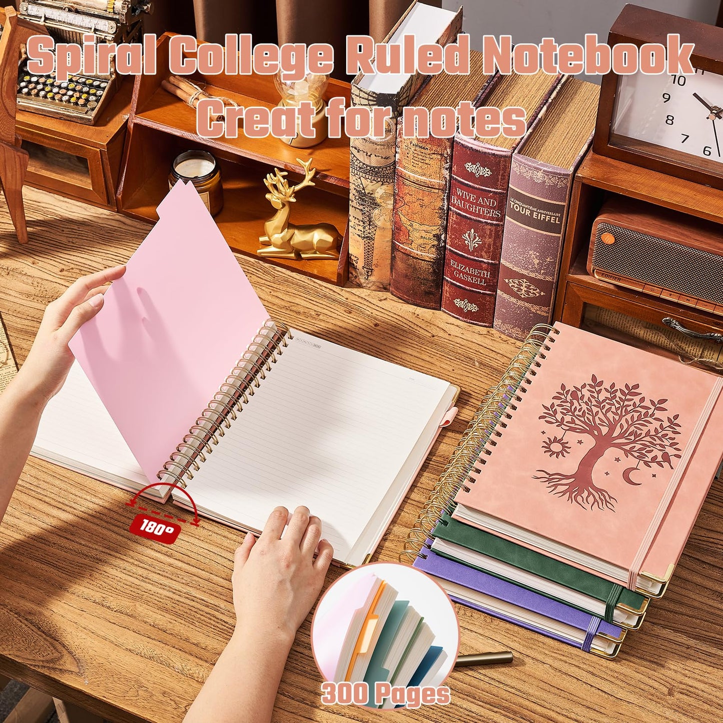 Ovesmusl Hardcover Spiral Notebook 8" x 10" with 5 Removable Dividers 300 Pages Leather 5 Subject Notebook College Ruled 100GSM Large Spiral Notebooks for Work Thick Lined Journal for Women, Pink