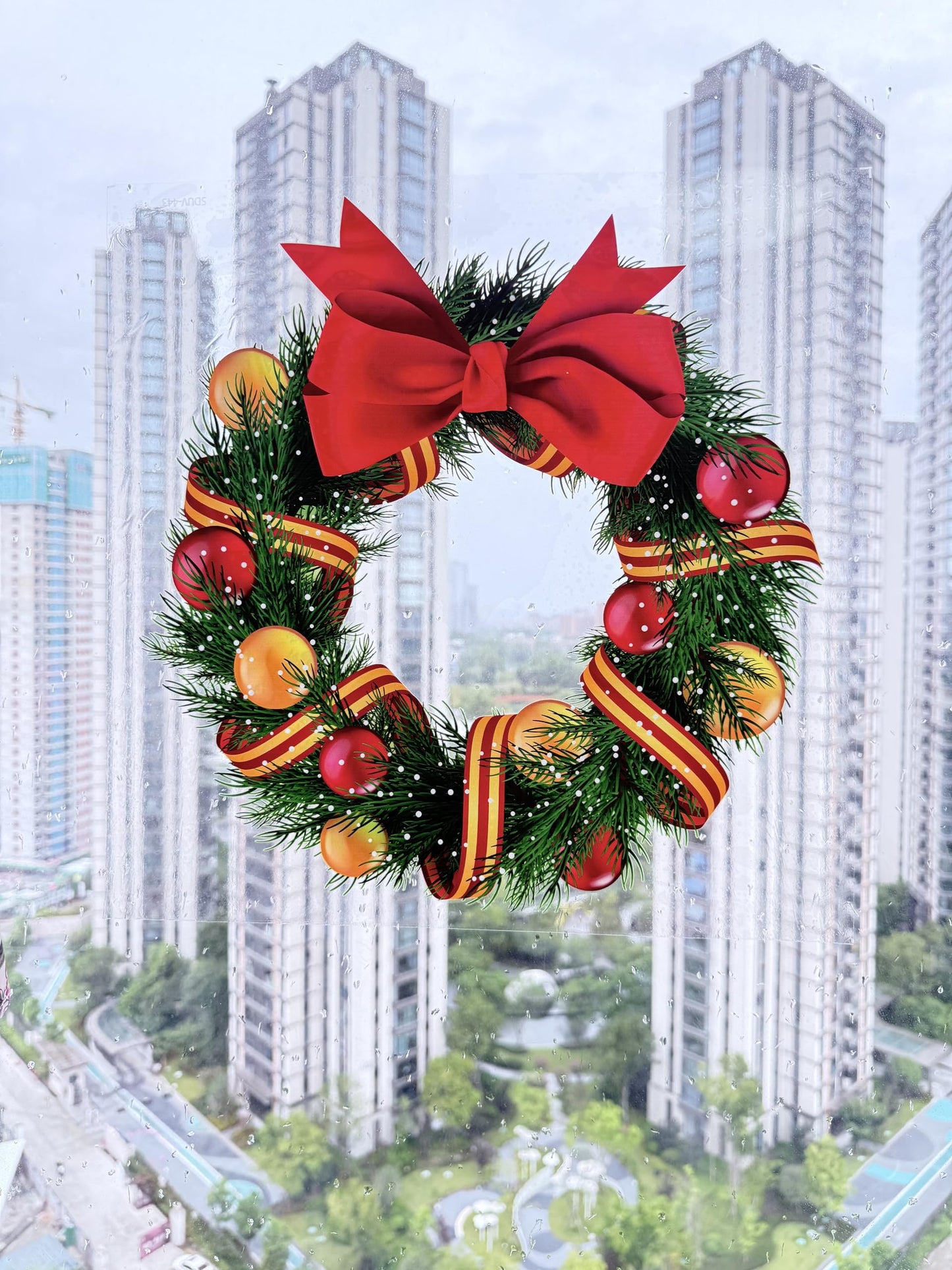 JMFANGLIU 2 PCS 16x16 Inch Christmas Window Clings,Static No-Glue Reusable Christmas Window Decorations with Wreath,Bow, Bell