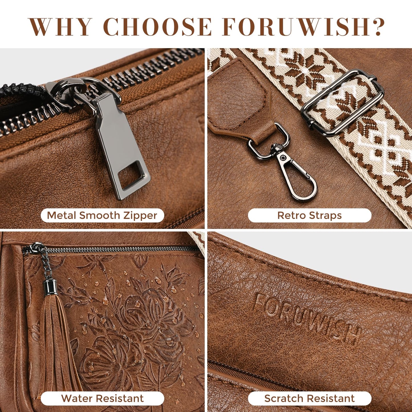 FORUWISH Crossbody Bags for Women, Brown Vegan Leather Medium Crossbody Purse, Spacious Daily Travel Shoulder Bag with Boho Strap