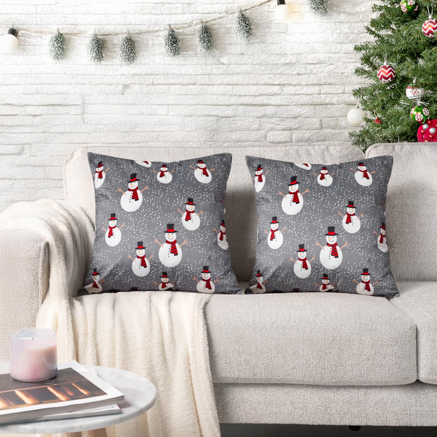 PAVILIA Holiday Velvet Fleece Throw Pillow Covers 20x20 Set of 2, Soft Decorative Cushion Covers for Couch Sofa Bed, Christmas Winter Square Accent Pillow Cases with Hidden Zipper, Snowman Gray
