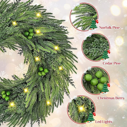 24 Inch Christmas Wreaths for Front Door, Real Touch Norfolk Pine Wreath Large Christmas Wreath with Lights, Winter Wreaths Christmas for Outdoor Indoor Windows Xmas Decor