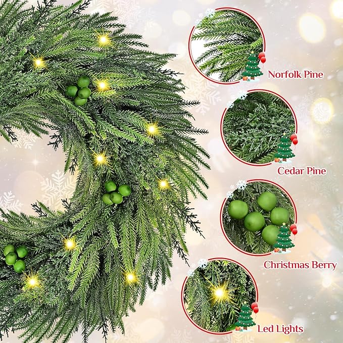24 Inch Christmas Wreaths for Front Door, 2 Pack Real Touch Norfolk Pine Wreath Large Christmas Wreath with Lights, Winter Wreaths Christmas for Outdoor Indoor Windows Xmas Decor