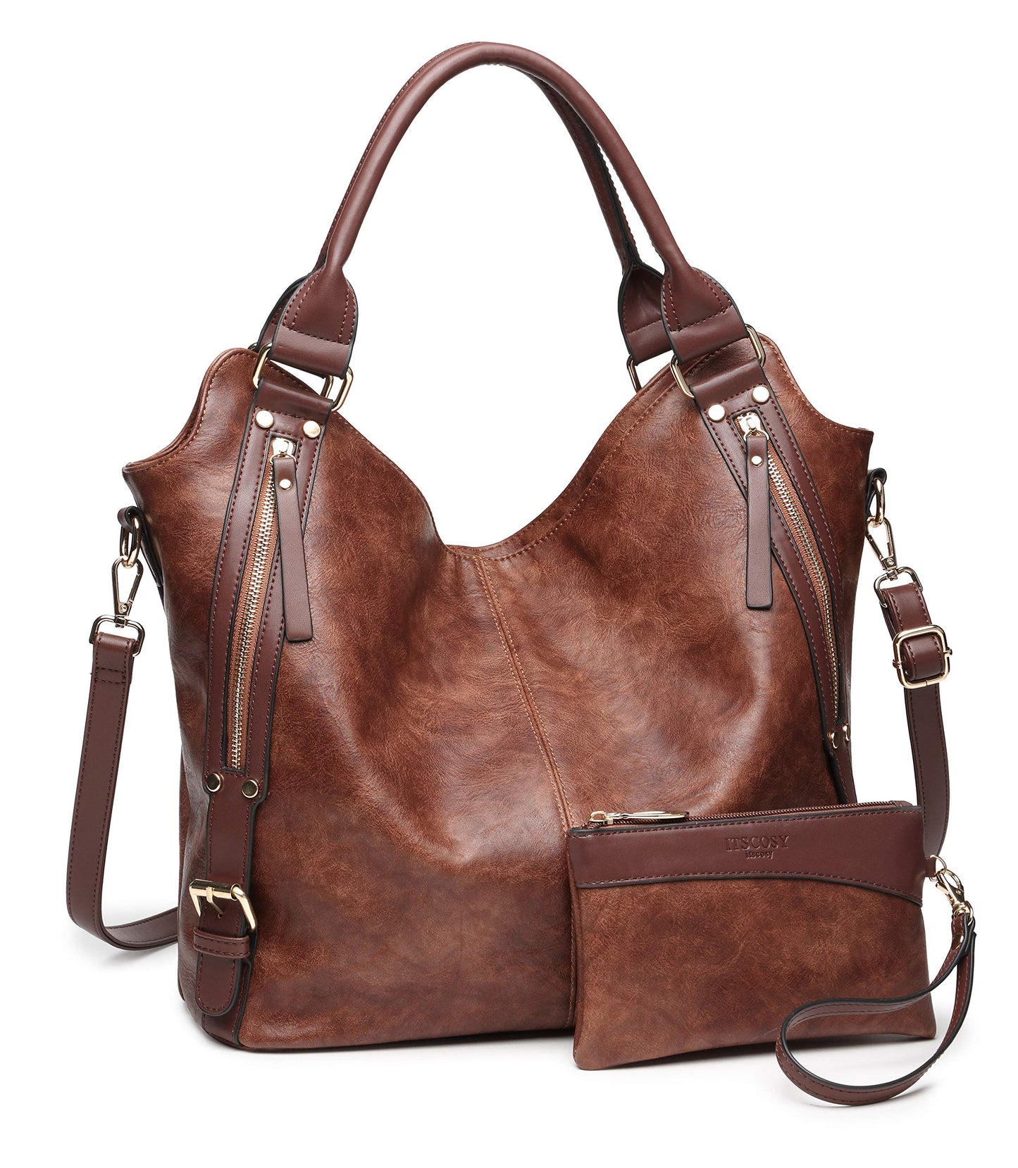 Women Tote Bag Handbags PU Leather Fashion Hobo Shoulder Bags with Adjustable Shoulder Strap (Brown, L)